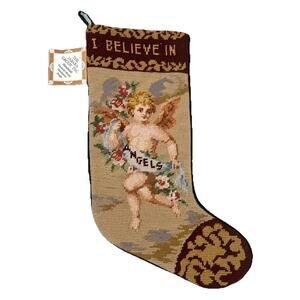 VTG ‘95 I Believe in ANGELS Needlepoint Wool Stocking Christmas Victorian Cherub